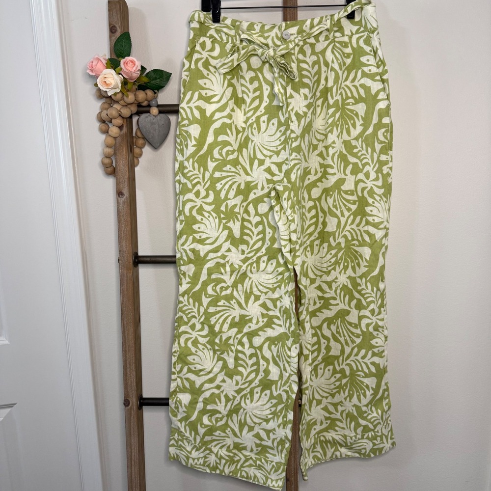 Rachel Zoe Green White‎ Floral Wide Leg High Rise Linen Pants Size Large